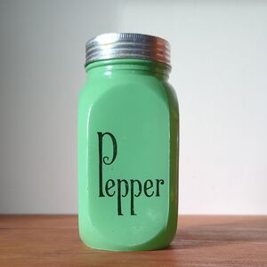 Vintage LG Retro Green Glass Pepper Shaker With "Pepper" In Black Writing